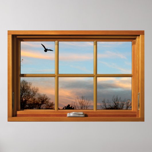 Flying Bird Silhouette Wooden Window Illusion Poster (Voorkant)