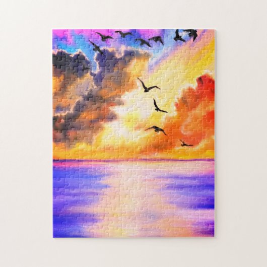 Flying Birds on Sea Sunset Puzzle - Aquarelle Art (Vertical)