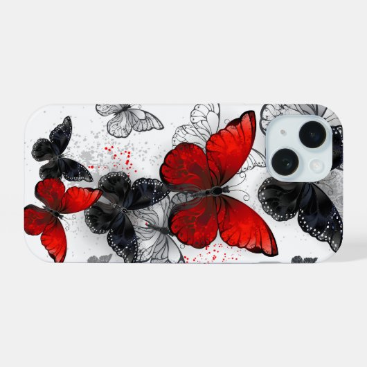 Flying Black en Red Morpho Vlinders iPhone 15 Hoesje (Achterkant horizontaal)