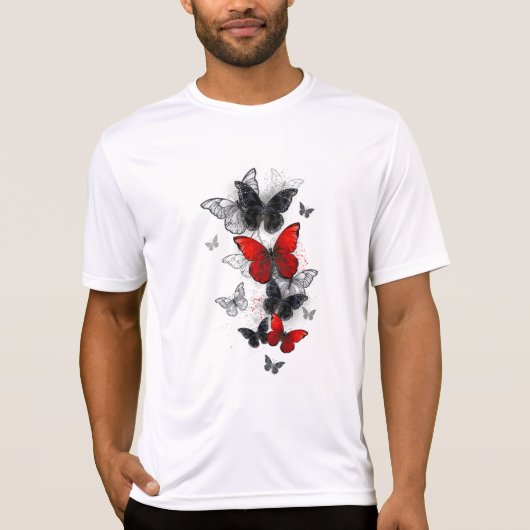 Flying Black en Red Morpho Vlinders T-shirt (Voorkant)