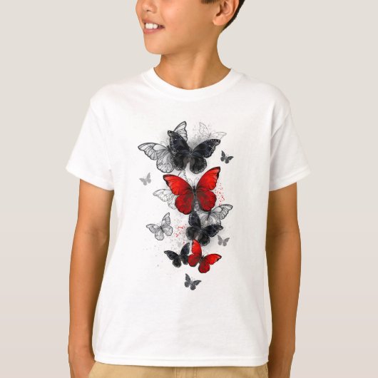 Flying Black en Red Morpho Vlinders T-shirt (Voorkant)