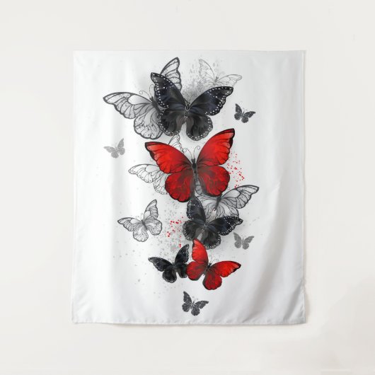 Flying Black en Red Morpho Vlinders Wandkleed (Voorkant)