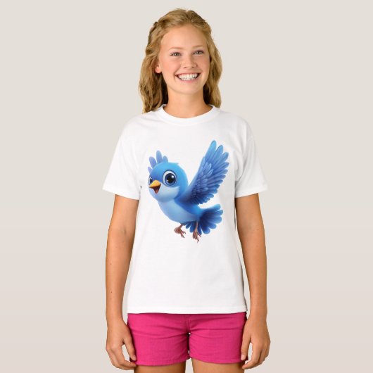 Flying Blue Bird – Flappy Cartoon Character Kids T-shirt (Voorkant volledig)