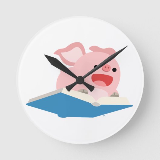 Flying Book and Cartoon Pig Wall Clock Ronde Klok (Voorkant)
