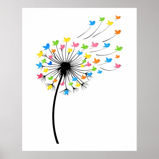 Flying colorful birds dandelion flow poster (Voorkant)