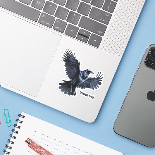 Flying Crow - Custom Text & Cut Vinyl Sticker (Ordinateur portable avec iPhone)