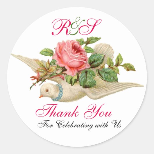 FLYING DOVE MET PINK ROSE Dank u Monogram Ronde Sticker (Voorkant)