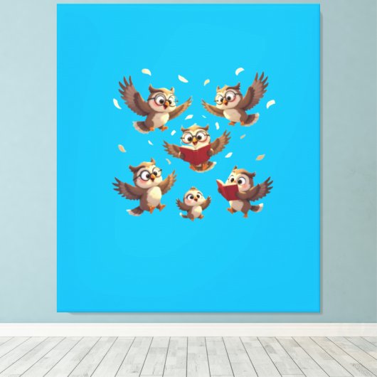 "Flying Funny Owls – Disney Cartoon Style" Canvas Afdruk (Insitu (Houten vloer))