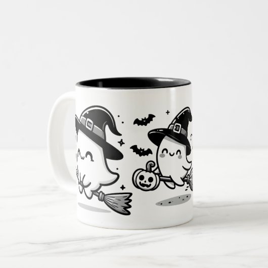 Flying Ghost Witch on Broom Halloween Mug | Double (Devant gauche)