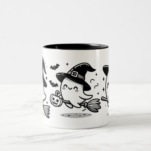 Flying Ghost Witch on Broom Halloween Mug | Double (Centre)