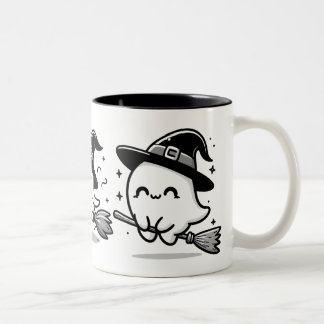 Flying Ghost Witch on Broom Halloween Mug | Double Tweekleurige Koffiemok