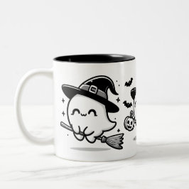 Flying Ghost Witch on Broom Halloween Mug | Double Tweekleurige Koffiemok