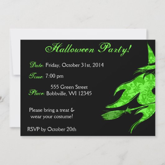 Flying Green Witch Halloween Invitation Kaart (Voorkant)