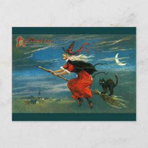 Flying Halloween Witch with Cat Briefkaart