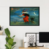 Flying Halloween Witch with Cat Poster (Thuiskantoor)