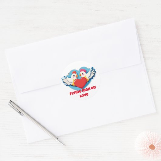 Flying High on Love – Balloon-Holding Lovebirds Ronde Sticker (Envelop)