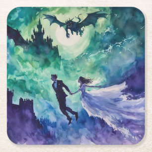 Flying Lovers - Waterverf Schilderen Vierkante Kartonnen Onderzetter