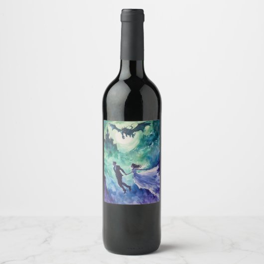 Flying Lovers - Waterverf Schilderen Wijn Etiket (Voorkant)