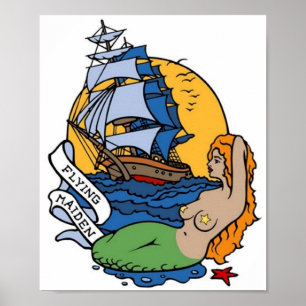  Flying Maiden Mermaid, Ship Tattoo Art Poster