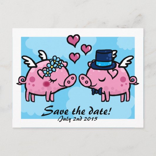 Flying Pig Bride and Groom slaan de datum briefkaa Aankondigingskaart (Voorkant)