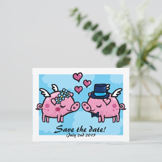 Flying Pig Bride and Groom slaan de datum briefkaa Aankondigingskaart (Staand voorkant)