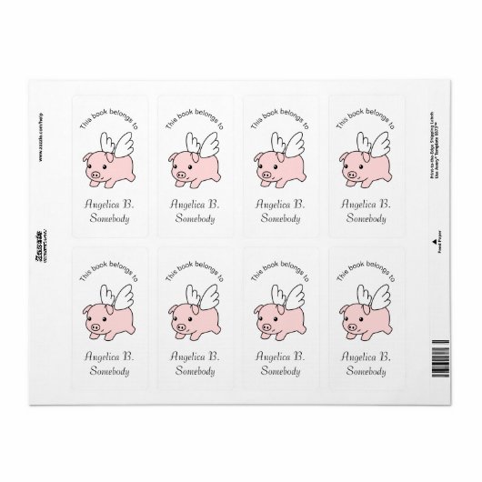 Flying Pig - Cute Piglet met Wings Bookplate Etiket (Full Sheet)