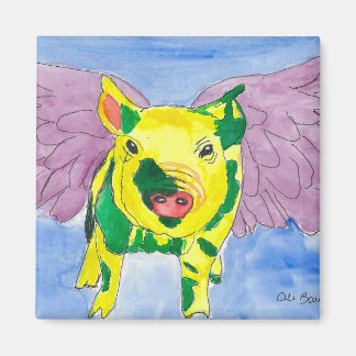 Flying Pig genaamd Ozzy the Pigasus Waterverf Pain Magneet