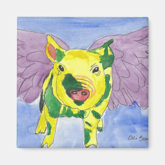 Flying Pig genaamd Ozzy the Pigasus Waterverf Pain Magneet (Voorkant)