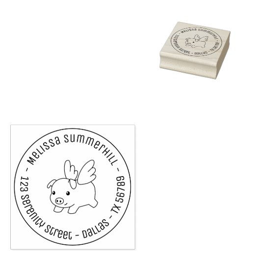 Flying Pig, Piglet met Wings Round Address 3 Rubberstempel (Gestempeld)