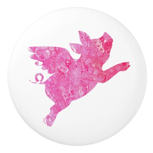 Flying Pig, Pink Pig. Keramische Knop (Voorkant)