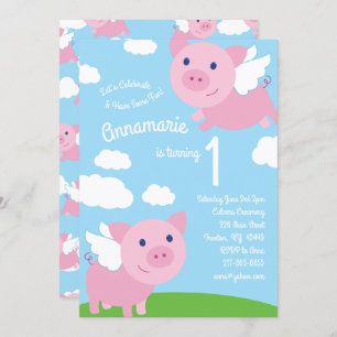 Flying Pigs 1st Birthday Cute Invitations Kaart