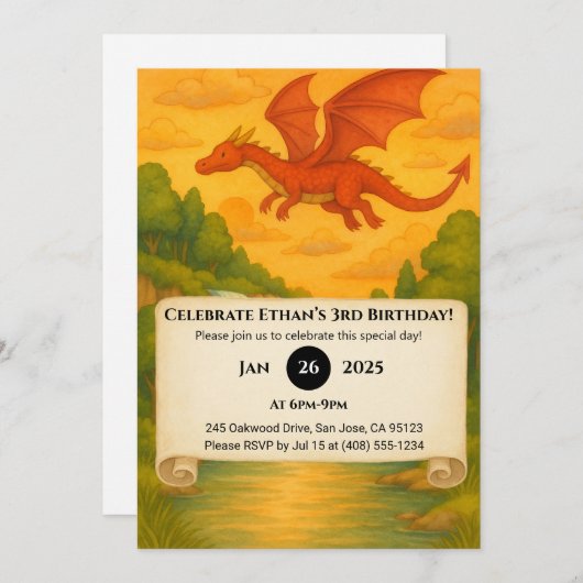 Flying Red Dragon Over Enchanted Forest Birthday Kaart (Voorkant / Achterkant)