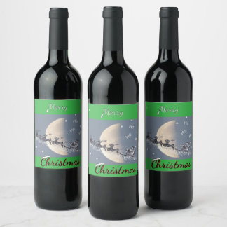 Flying Santa in Reindeer-Sled Christmas Wine Label Wijn Etiket