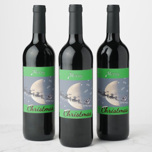 Flying Santa in Reindeer-Sled Christmas Wine Label Wijn Etiket (Flessen)