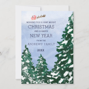 Flying Santa Snowy Winter Trees Painted Kerstmis Feestdagenkaart