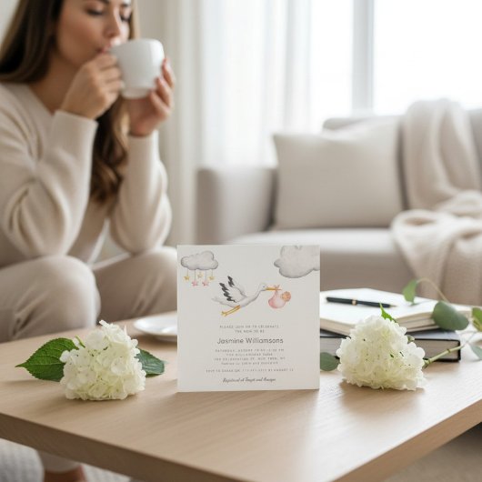 Flying Stork Clouds Stars Baby Shower Kaart