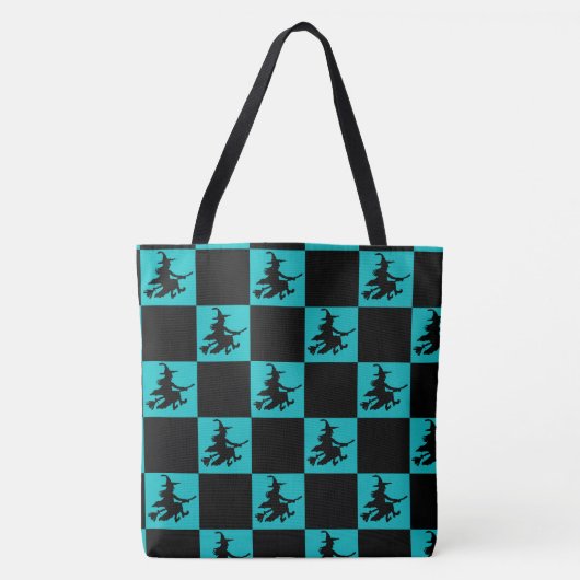 Flying Witch Black & Teal Checkered Tote Bag (Voorkant)