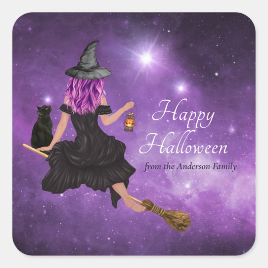 Flying Witch Happy Halloween Persoonlijk Vierkante Sticker (Voorkant)