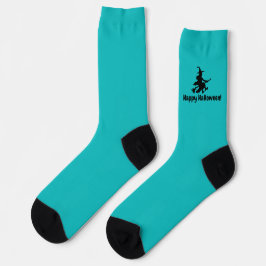 Flying Witch on Teal - Happy Halloween -  Socks Sokken