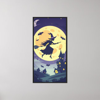 Flying Witch Silhouette onder volle maan Canvas Afdruk
