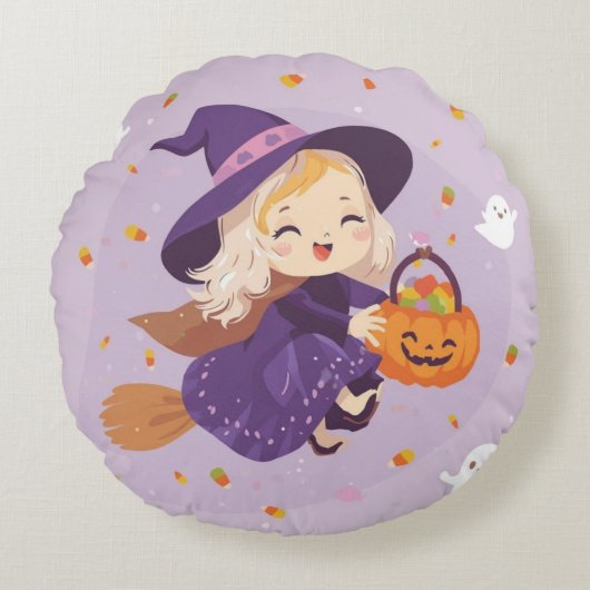 Flying Witch with Pumpkin Round Pillow Rond Kussen (Voorkant)