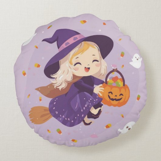 Flying Witch with Pumpkin Round Pillow Rond Kussen (Achterkant)