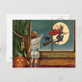 Flying Witch Zwarte Kat Ful Maan Pompoen Briefkaart (Voorkant / Achterkant)