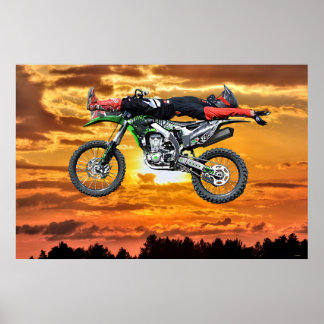 FMX Motocross Dirt-Bike Aerial Stunt and Sunset Poster