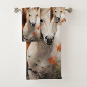 Foal et cheval dans la prairie de pavot