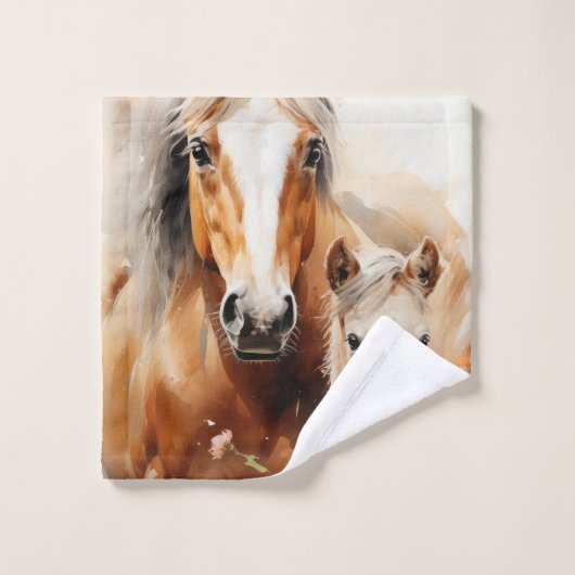 Foal et cheval dans la prairie de pavot (Gant de toilette)