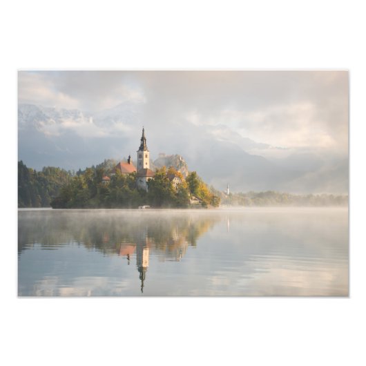 Foggy Bled Lake sunrise print Foto Afdruk (Voorkant)