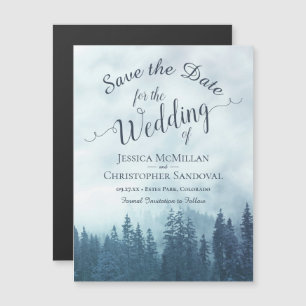 Foggy Blue Mountain Pines Bruiloft Save the Date Magnetische Uitnodiging