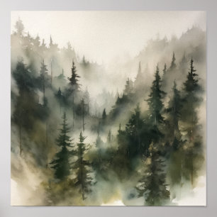 Foggy Forest Landscape Art Print Poster