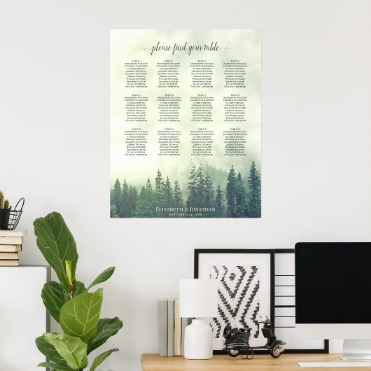 Foggy Green Forest 12 Table Wedding Seating Chart Poster (Thuiskantoor)